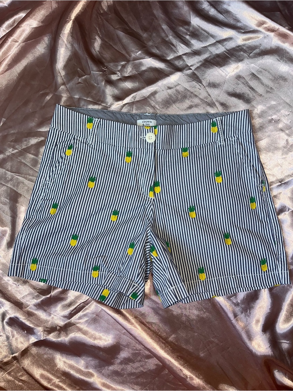 crown & ivy Navy and White Striped Pineapple Embroidered Shorts